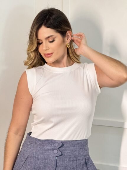 Blusa Feminina Básica em Ribana sem Manga  - Branco